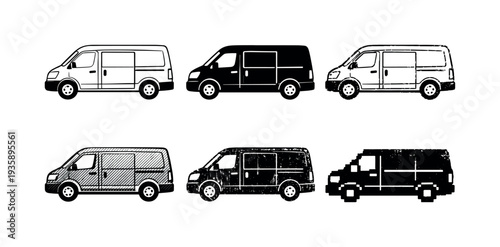 Cargo delivery van with sliding side door and front cab used for transporting packages and goods | Create ONE image containing