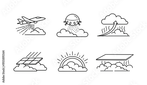 Line style icons of cloud albedo modification: dispersal jet, saline aerosol node, mist-rise curve, reflective cloud tile,