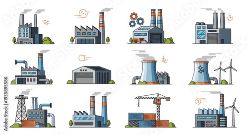 Collection of Industrial Factory Buildings with Smokestacks and Wind Turbines.