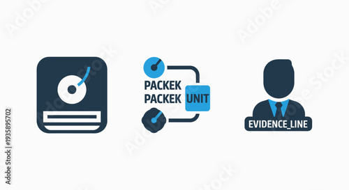 Forensic Data and Process Flow Icons Featuring Hard Drive Evidence Line Investigator Profile and Unit Packaging Concept