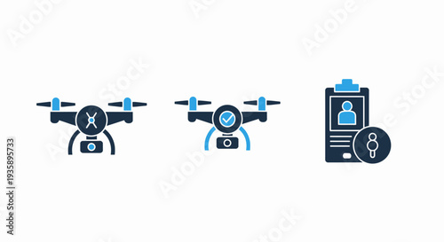 Drones and Authentication Icons Featuring Quadcopter Technology Remote Inspection and Personnel ID Verification Symbols