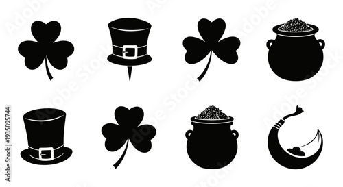 St Patricks Day icons set shamrock hat pot.
