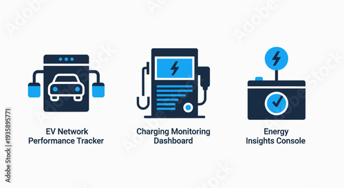 Electric Vehicle EV Network Icons Showcasing Performance Tracking Charging Station Monitoring and Energy Insights Console