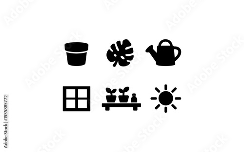 Gardening icons set for plant care, growth, and home cultivation
