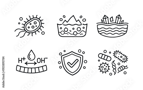 Line style vector icons of extremophiles in acidic and alkaline waters: microbe-icon motif, acidic-water outline, alkaline-water
