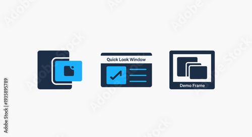 Software interface icons featuring quick look window, demo frame, and media preview for user experience design and UI development