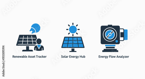 Renewable Energy and Solar Power Management Icons for Asset Tracking and Flow Analysis