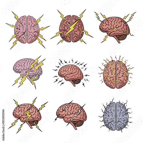 Collection of human brain vector symbols with electric bolts, symbolizing headache, stress, migraine, or a creative brainstorm, isolated in various color styles.