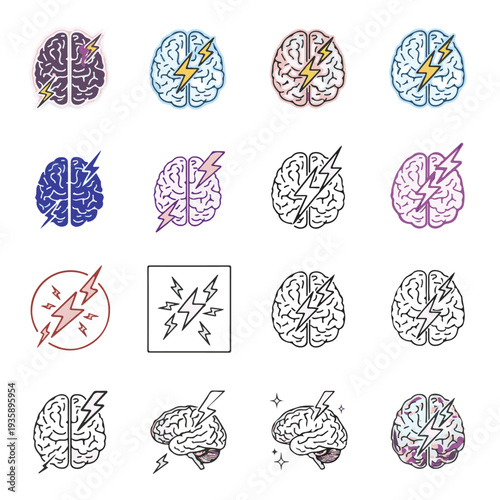 Collection of human brain vector symbols with electric bolts, symbolizing headache, stress, migraine, or a creative brainstorm, isolated in various color styles.