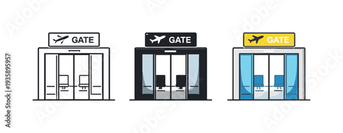 Inside departure zone atmosphere conveyed through identical boarding gate doorways positioned evenly from left to right, each
