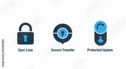 Data security and synchronization icon set featuring padlock for encryption secure file transfer and protected software update