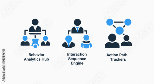 Business analytics and interaction sequence engine icons illustrating user behavior tracking and action path analytics systems