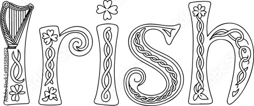 Irish harp and decorative letters with shamrocks for st patrick's day inspired designs