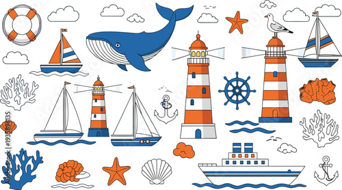 Set of Nautical and Marine Icons Featuring Lighthouses, Boats, Whales, and Ocean Life for Coastal and Sea-Themed Designs