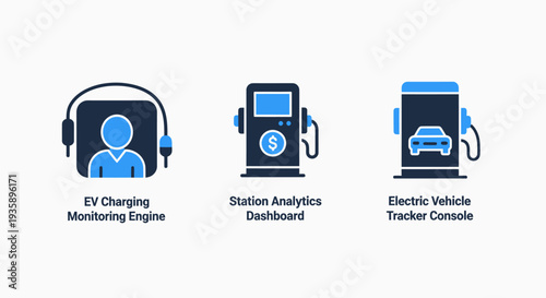 Electric Vehicle Infrastructure Icons Showcasing EV Charging Monitoring Station Analytics and Vehicle Tracking Systems for Green Mobility