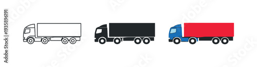 Uniform Cargo Trucks. Worldwide shipping concept illustrated by identical cargo trucks aligned horizontally with equal spacing and