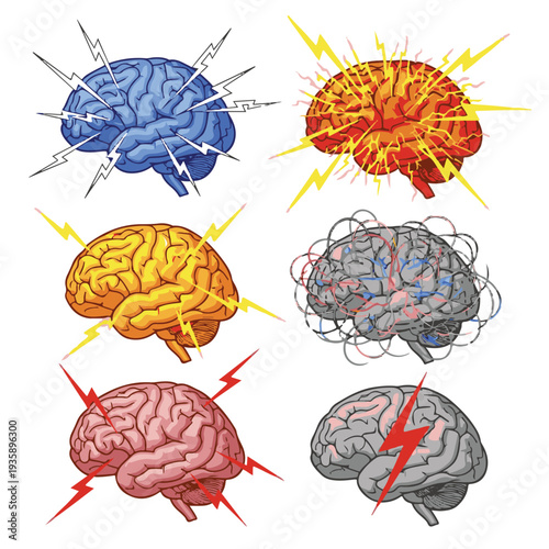 Collection of human brain vector symbols with electric bolts, symbolizing headache, stress, migraine, or a creative brainstorm, isolated in various color styles.