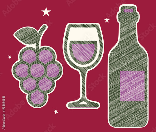 Elegant Scribble Embroidery Wine Glass Bottle Grape Sticker Patch