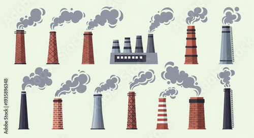 Collection of industrial factory chimneys emitting smoke into the air.
