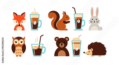 Cartoon animals and coffee drinks illustration