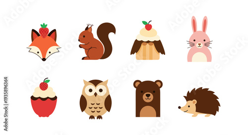 Cartoon animals and cupcakes illustration