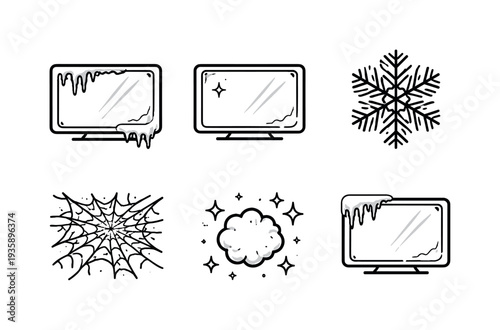 Frost Accumulation Icons. Line vector icons of a screen frosting over from disuse (cold accumulation): display panel, dim surface
