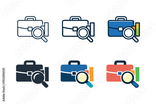 Concept illustrating joblessness evaluation depicted as a briefcase paired with a searching lens and segmented statistic columns,