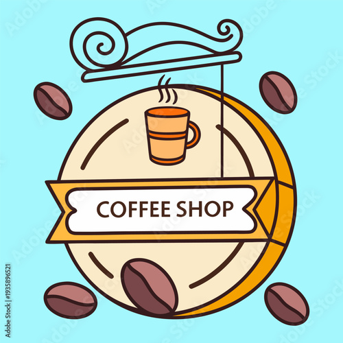Retro coffee shop badge with cup, beans and ribbon banner. Caffe branding logo template in flat vintage style for packaging, menu design and restaurant identity.