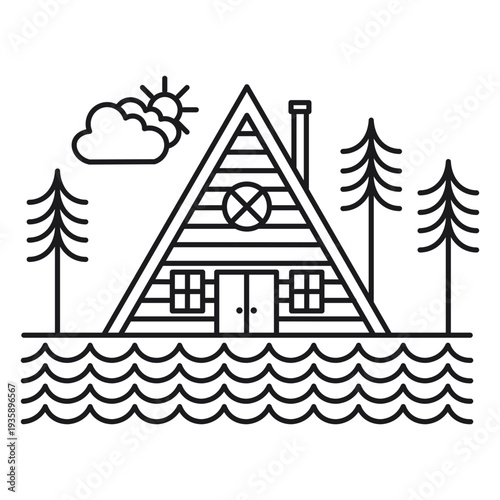 Triangular cabin and winter pine trees stroke
