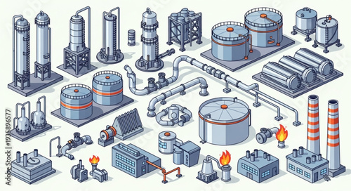 Collection of Industrial Factory Equipment and Buildings.