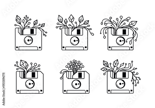 Line vector icons of floppy disk sprouting digital vines (emergent tech flora): disk shape, shutter segment, structured vine,