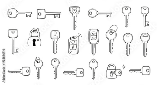 Collection of Hand Drawn Keys and Locks.