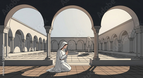 Woman in white islamic prayer clothing kneeling in a serene mosque courtyard with arches on transparent background