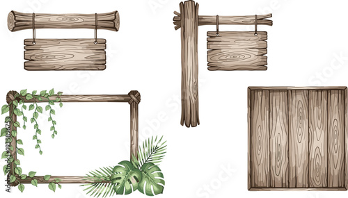 Set of Rustic Wooden Signboards and Frames with Vines and Leaves for Nature, Farmhouse, and Garden-Themed Designs