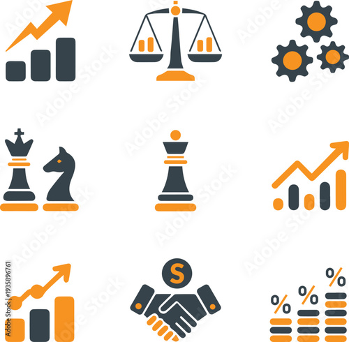 Business strategy and financial growth icon set with chess pieces, law scales, bar charts, and handshake.
