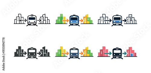 Concept illustrating regional traveler conveyance depicted as a train carriage linked by directional arrows to abstract