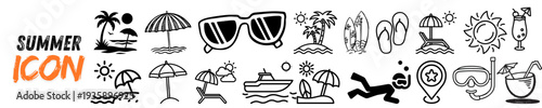 Large Collection of Black and White Summer Icons with Beach Vacation and Tropical Lifestyle Elements