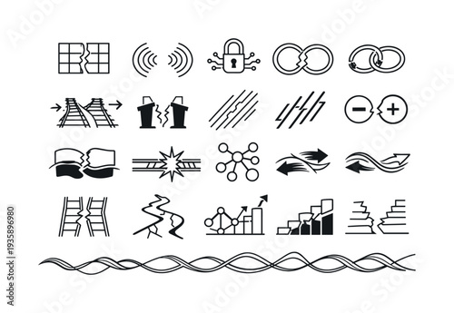 Line vector icons of algorithm-driven societal rifts: opinion-split grids, echo arcs, bias-lock stems, separation rings, conflict
