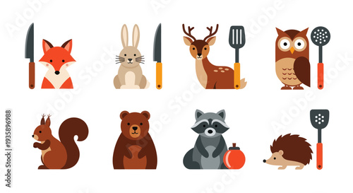 Cartoon forest animals with kitchen utensils