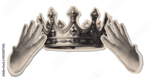 Halftone vector cut out hands holding a crown trendy retro colors illustration