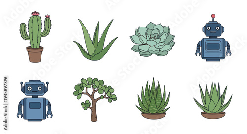 Cartoon plants and robot vector illustration