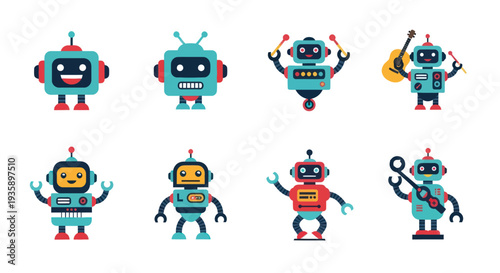 Cartoon robots collection isolated on white