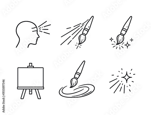 Line vector icons of artist painting by concentration (mental brushwork): artist head shape, directed focus ray, suspended brush
