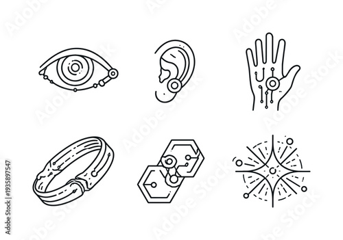 Line vector icons of technologies for enhancing senses (perception amplifiers): eye arc, ear bead, feel node, augmentation ribbon