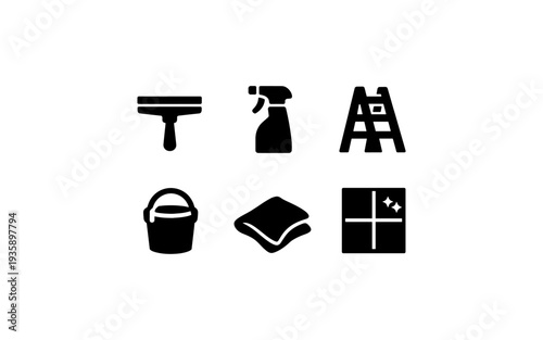 Set of icons representing cleaning tools and supplies for home maintenance tasks