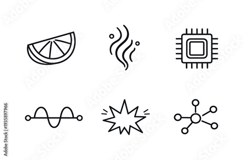 Line vector icons of lemon taste triggered by digital signal (digital citrus trigger): lemon wedge, aroma swirl, circuit chip,