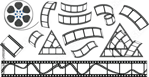 Set of Vintage Film Reels, Strips, and Frames for Cinematic, Movie, and Media-Themed Designs – Black and White Illustrations