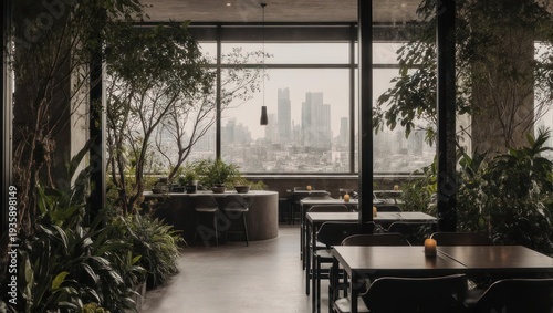 Modern interior with lush greenery and a city view through large windows
