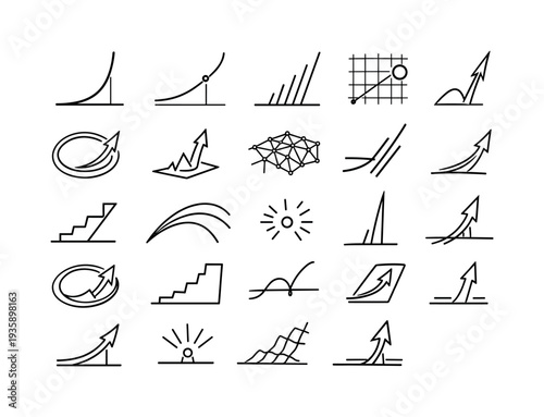 Line style icons of near-vertical tech growth: exponential curve arc, inflection point dot, steep rise stripe, acceleration node