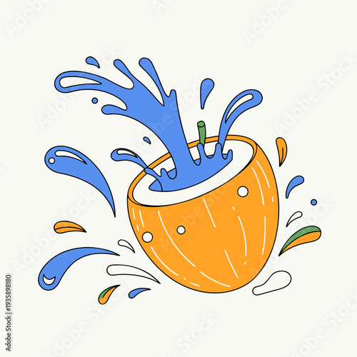 A cartoon coconut with blue liquid splashing out